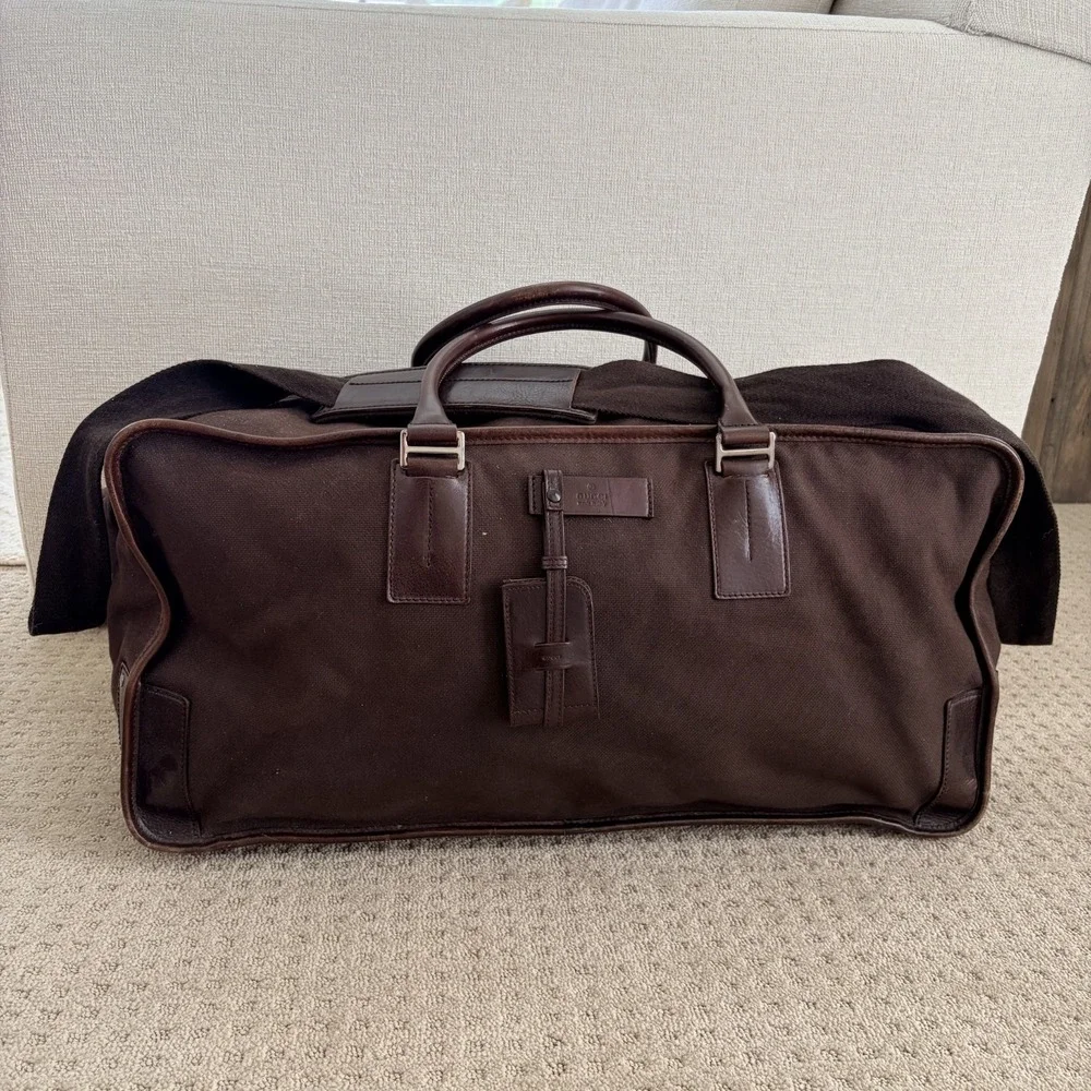Gucci Brown Canvas Leather Trim Duffle Weekend Travel Bag Large GG Liner Italy